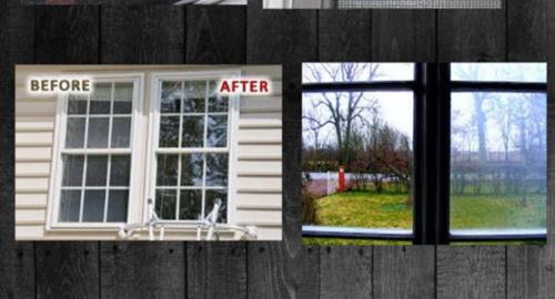 Comparison of window views, highlighting improvements. The left shows old, weathered windows labeled "BEFORE," while the right displays new, clear windows with a scenic view, labeled "AFTER."